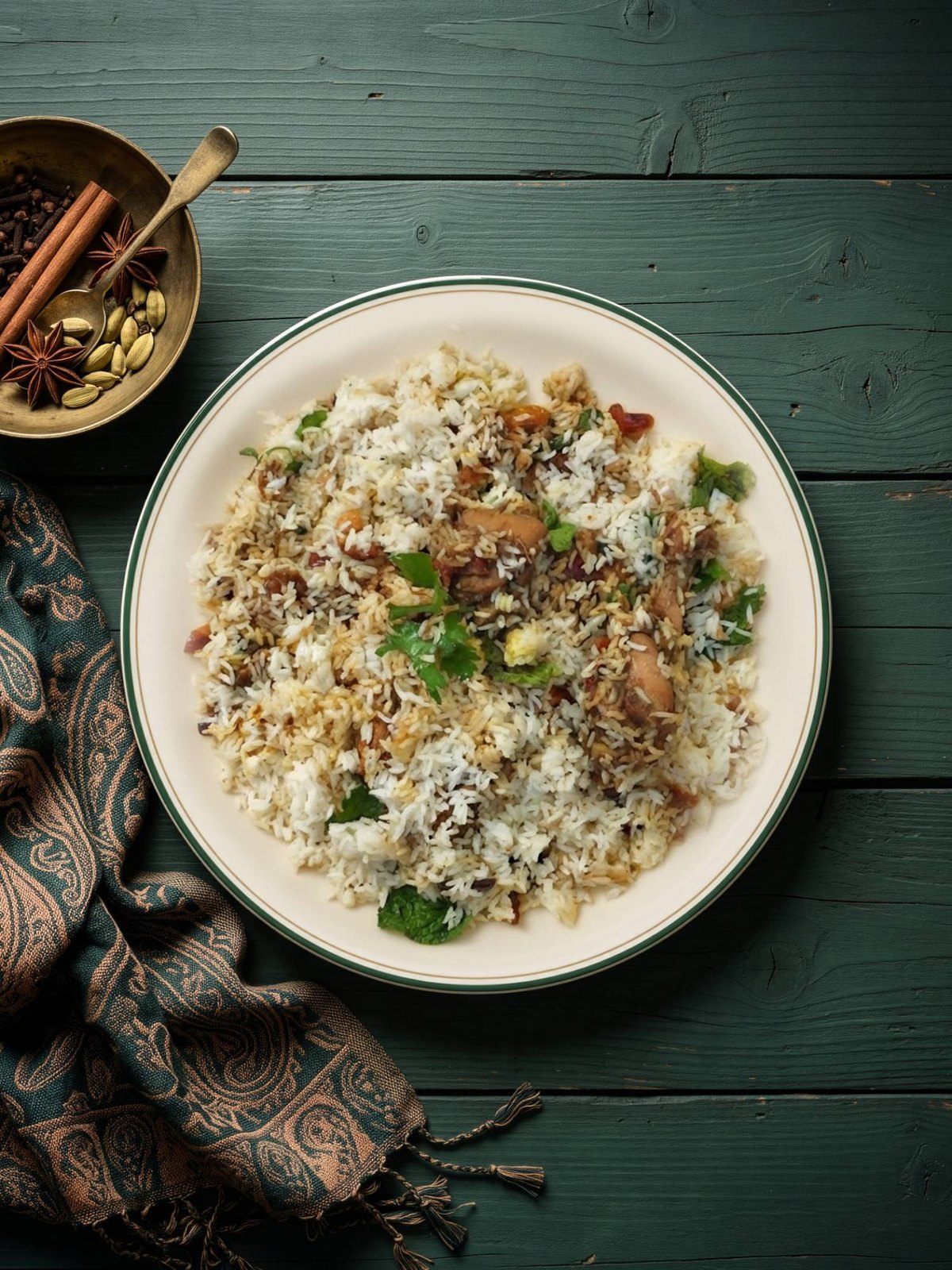 A plate of Malabar Chicken Dum Biriyani, with whole spices on the side